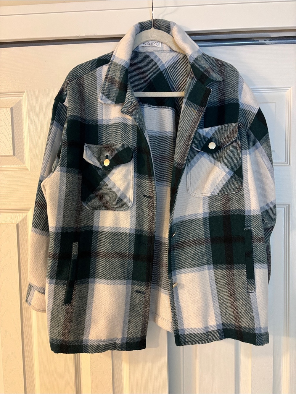Workshop Republic Clothing Green and White Plaid Utility Shacket